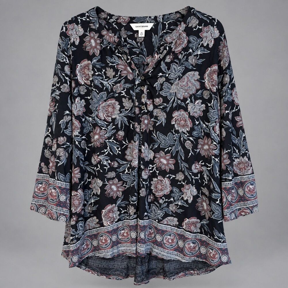 Lucky Brand 2X Black Boho Floral Cottagecore Peasant Henley Top Blouse Tunic